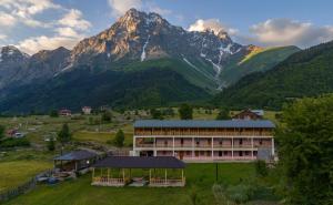 a building in a field with a mountain in the background at Guesthouse Ushba View in Mazeri