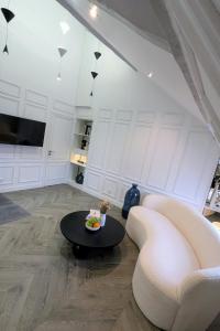 第戎T2 au Cœur Historique de Dijon avec Clim & SmartTV的客厅里有一张沙发和一张桌子。