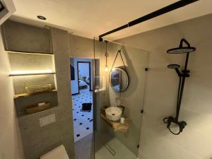 a bathroom with a toilet and a glass wall at Red House in Essaouira +47 photos