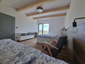 a bedroom with two beds and a table and a chair at Chalupa U Jasanu in Vílanec