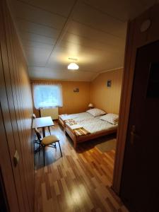 a bedroom with a bed and a table and a chair at Noclegi pod Witowem in Niedźwiedź