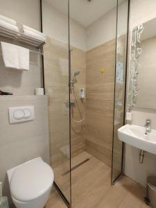 a bathroom with a shower and a toilet and a sink at Central Point Privilege Apartments in Sarajevo