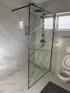 a glass shower in a bathroom with a toilet at Apartment Arma in Mostar +3 photos