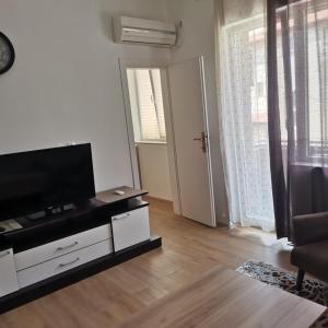een woonkamer met een flatscreen-tv en een bank bij Zenith Apartment in Bitola