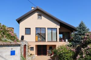 una casa con grandes ventanas y un árbol en Vineyard house, en Tužno