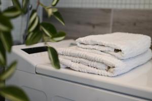 a stack of towels sitting on a bathroom counter at Silos Holiday in Dajla +57 photos