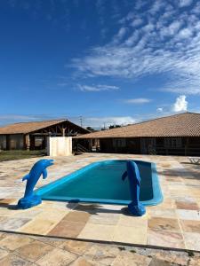 two dolphins sculptures in a pool in a yard at Pousada frente mar in Beberibe +16 photos