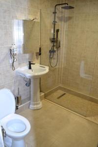 une salle de bain avec douche, lavabo et toilettes dans l'établissement Le Soleil de Paris, à Eforie Nord