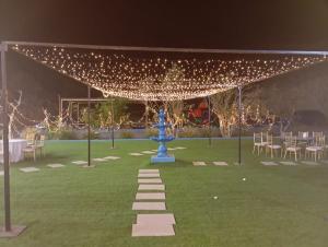a pavilion with lights and a blue fountain in the grass at Dirat Al-Ghizal 1 in Ras al Khaimah +69 photos