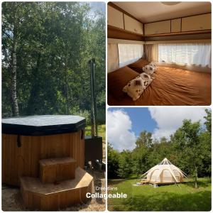 a collage of pictures with a yurt and a tent at Les Hulottes in Le Vrétot