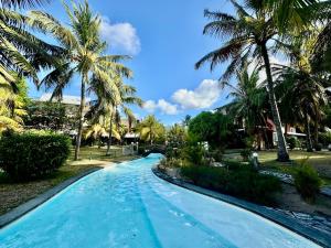 a swimming pool at a resort with palm trees at Beach cozy Studio in Bain Boeuf