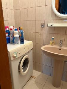 a bathroom with a washing machine and a sink at Melija Apartment in Orebić