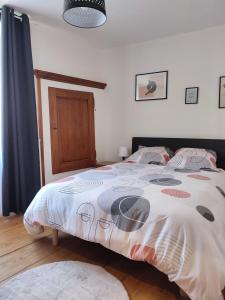 ein Schlafzimmer mit einem Bett mit einer Bettdecke darauf in der Unterkunft Elegant deux pièces au centre de Sélestat in Sélestat