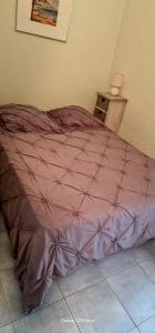 a bed with a purple comforter in a bedroom at Le lys d'or Piscine Plage Terrasse Wiffi in Juan-les-Pins