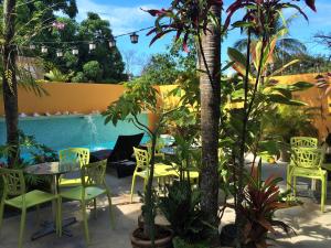 un patio con mesa, sillas y piscina en Casa de Amistad Guesthouse en Vieques