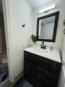 a bathroom with a sink and a mirror at 2BD STATE FAIR l DT Dallas l FIFA READY l 5 Min from Love Field in Dallas