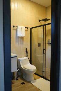 a bathroom with a toilet and a glass shower at Mi Jardín Villas in Boquete