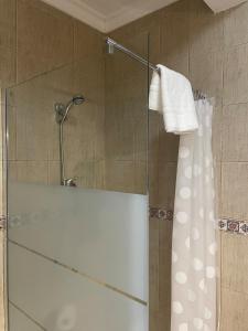 a shower with a glass door and a shower curtain at A Casa da Cilarca in Portel +19 photos