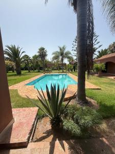 a swimming pool in a yard with a palm tree at Chic home with a private pool in Dar Mouddene +6 photos