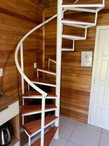 a spiral staircase in a room with wooden walls at Sítio Recanto Nativo in Palmitos