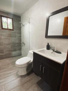 a bathroom with a toilet and a sink and a mirror at Villa Emilia - San Cristóbal, Dominican Republic in San Cristóbal