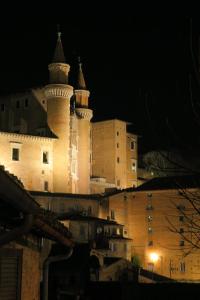 een groot kasteel met twee torens op de top 's nachts bij Torricini Skyline in Urbino