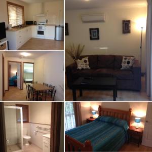 a collage of four pictures of a living room and kitchen at Millicent Lakeside Caravan Park in Millicent