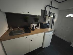 a kitchen counter with a sink and a microwave at Király 15 Apartman with free parking in Pécs