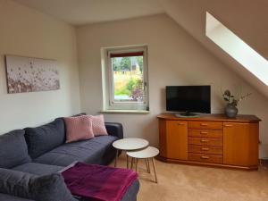 a living room with a couch and a tv at Ferienwohnung Dachstübchen in Chemnitz