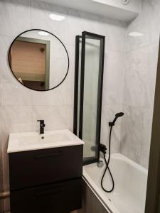 a bathroom with a sink and a shower and a mirror at Le Bon' Appart studio proche centre Châtel in Châtel +16 photos