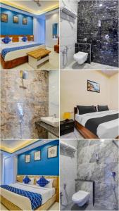 un collage de quatre photos d'une chambre d'hôtel dans l'établissement Hotel Castle inn, à Indore