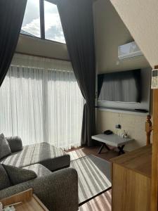 a living room with a couch and a large window at Newrose hotels in Kemalpasa