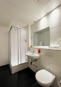 a bathroom with a toilet and a sink and a shower at Sorell Hotel Sonnental in Dübendorf