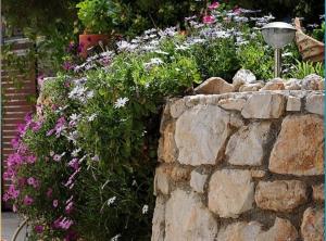 a stone wall with a bunch of flowers at Kekrifalia Hotel in Skala