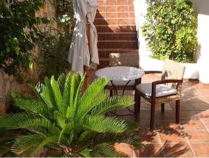 a patio with two chairs and a table and a plant at Kekrifalia Hotel in Skala