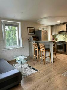 a kitchen and living room with a table and chairs at NIDŌ Nida Apartments in Nida