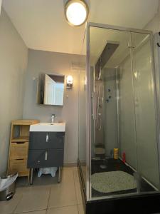 a bathroom with a shower and a sink at Maison familiale à Fresselines, jardin, rivière in Fresselines +74 photos