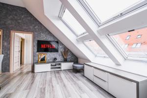 an attic living room with skylights and a tv at Luxury City Loft Modern and Elegant in Bratislava +48 photos