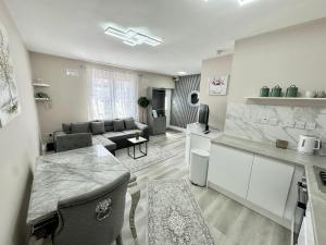 ブリストルにある1 Bedroom luxury apartmentのソファとテーブルのあるキッチンとリビングルーム +9枚の写真