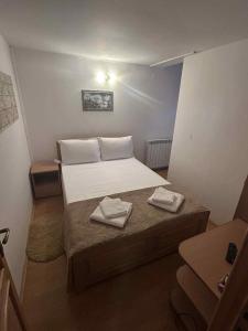 a small room with a bed and two towels at Vila Robert in Slănic-Moldova