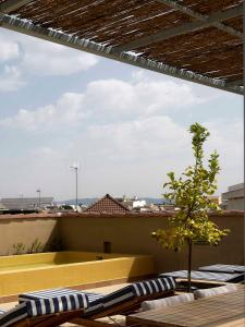 Un patio con tumbonas y un árbol en el techo. en Azul & Limón Apartments, en Córdoba