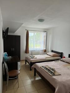 a bedroom with two beds and a table and a desk at Willa Aleksander in Rowy