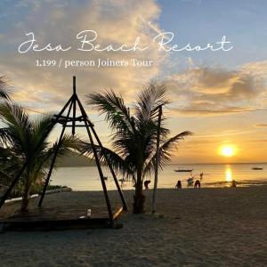 a beach with a swing and palm trees at sunset at Isla Gigantes Jesa Beach Resort in Carles