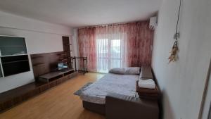 ein Wohnzimmer mit einem Bett und einer Couch in der Unterkunft Garsoniera spațioasă in Constanţa