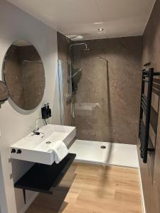 奥门Wildthout Boshuisjes en Appartementen的带水槽和淋浴的浴室