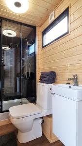 Un baño con inodoro, lavabo y ducha. en PANORAMA Władysławowo, en Władysławowo
