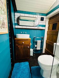 een badkamer met een toilet, een wastafel en een spiegel bij The Railway Carriage - Blue in Glasbury