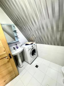 a washing machine in a bathroom with a sink at Forest hut in Borjomi
