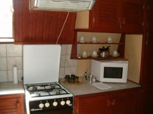 a kitchen with a stove and a microwave at Szőnyi úti vendégház in Zebegény