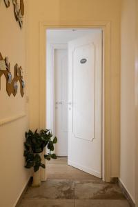 a white door in a hallway with a plant at Residenza IL COLLE in Subiaco